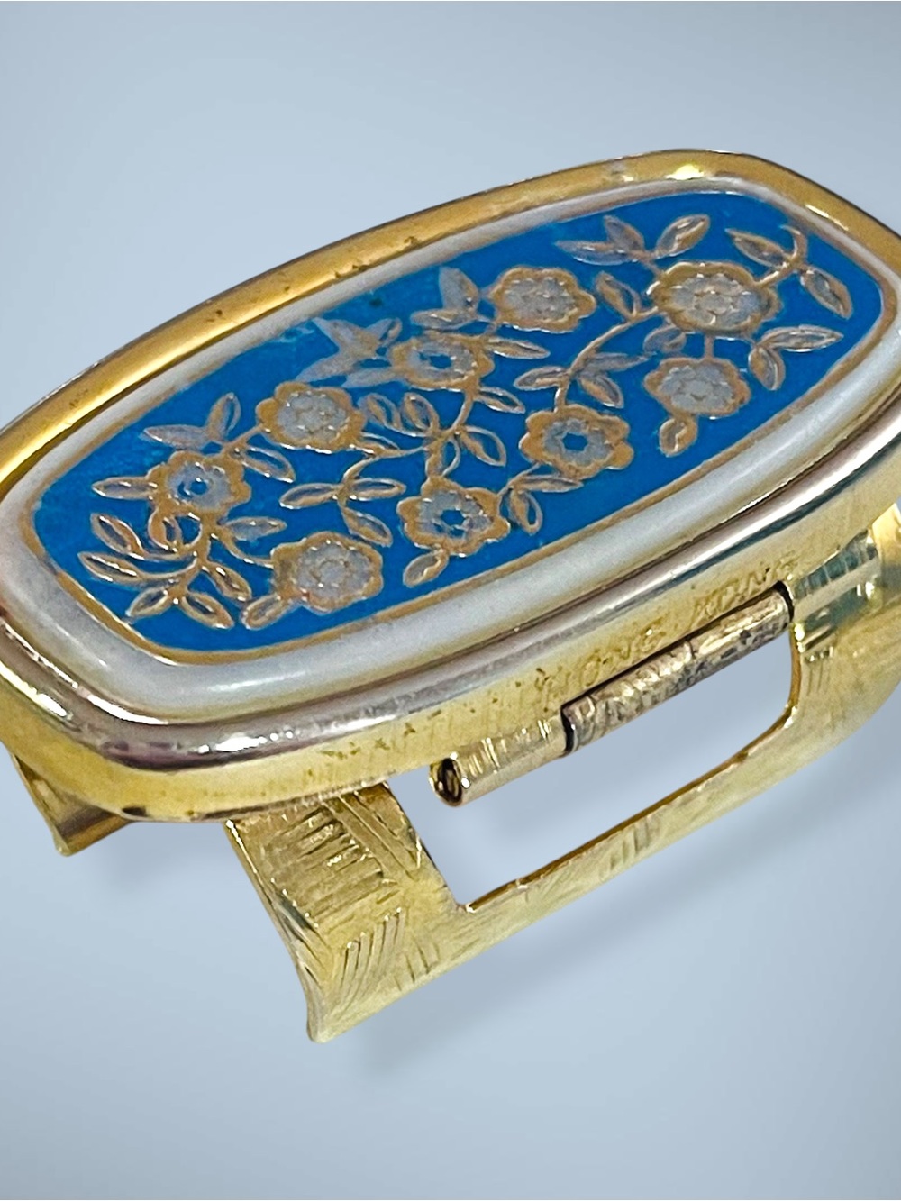 Vintage MidCentury Gold Tone and Blue Enamel Floral Lipstick Holder Mirror Case - Picture 3 of 14